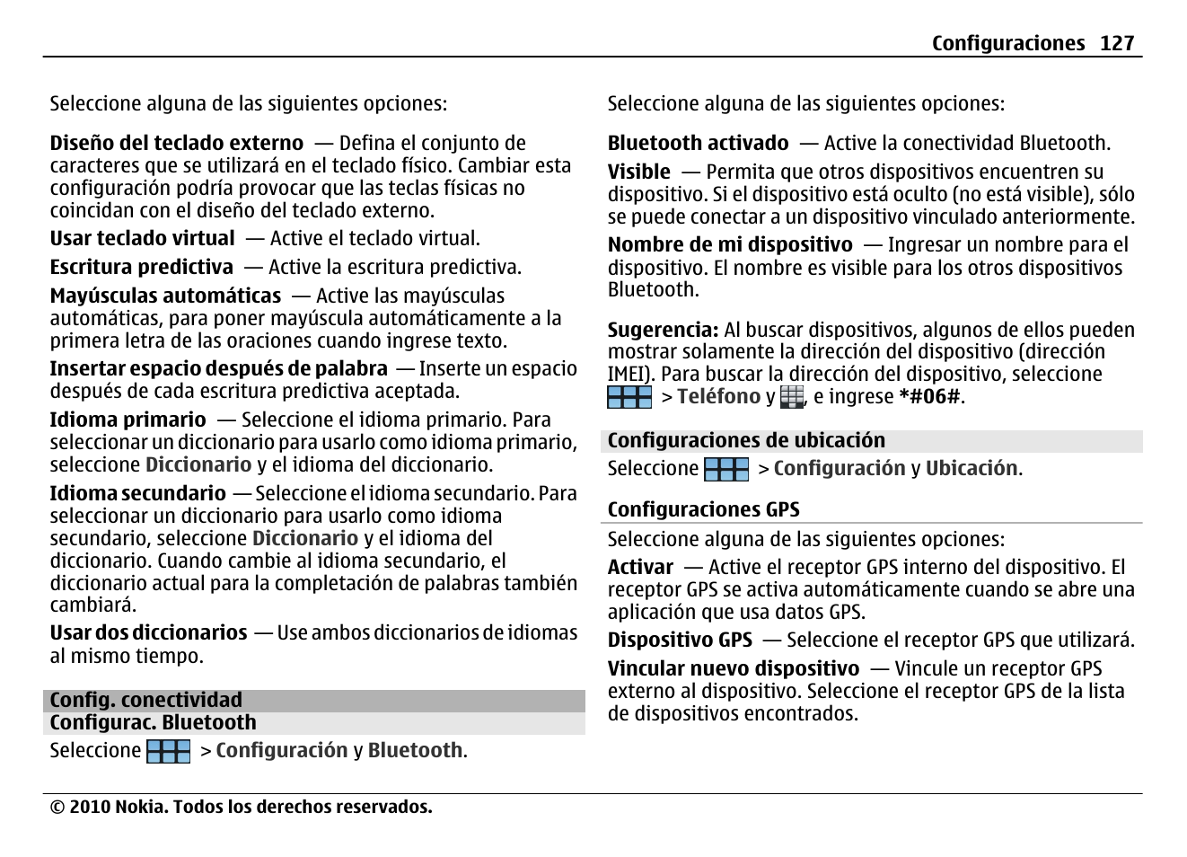 Config. conectividad, Configurac. bluetooth, Configuraciones de ubicación | Nokia N900 User Manual | Page 263 / 283