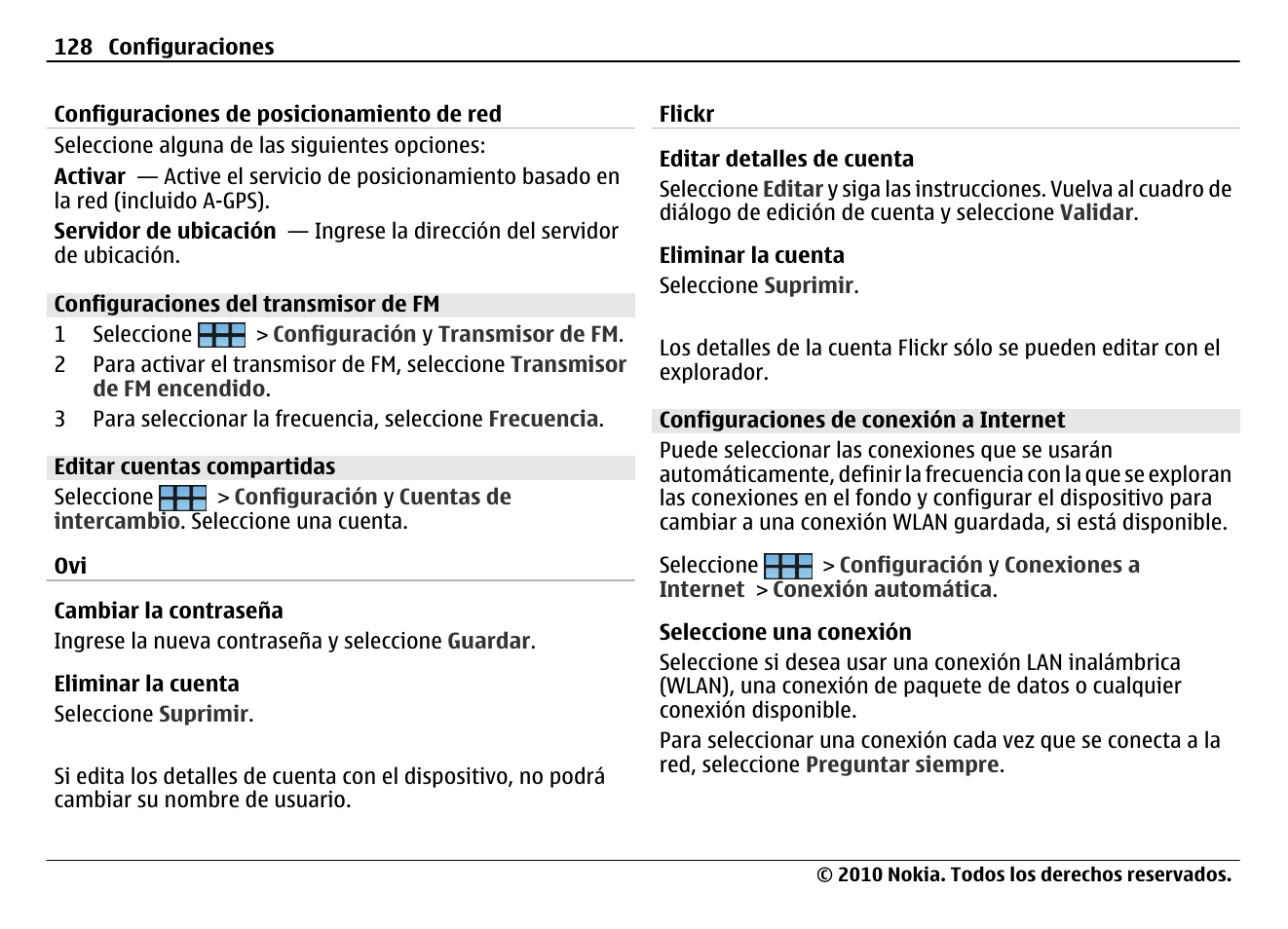 Configuraciones del transmisor de fm, Editar cuentas compartidas, Configuraciones de conexión a internet | Nokia N900 User Manual | Page 264 / 283