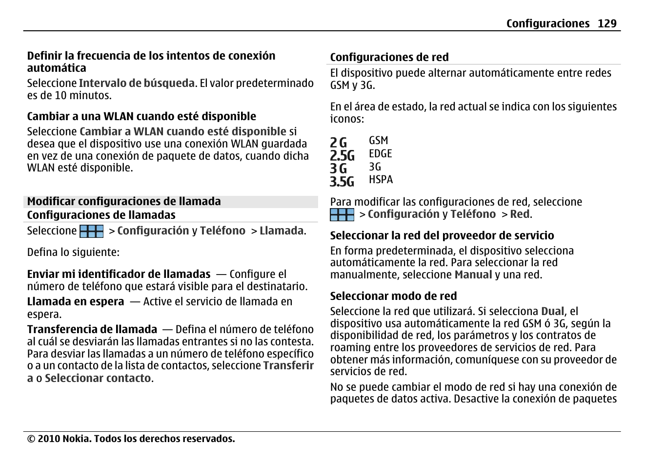 Modificar configuraciones de llamada, Configuraciones de llamadas, Configuraciones de red | Nokia N900 User Manual | Page 265 / 283