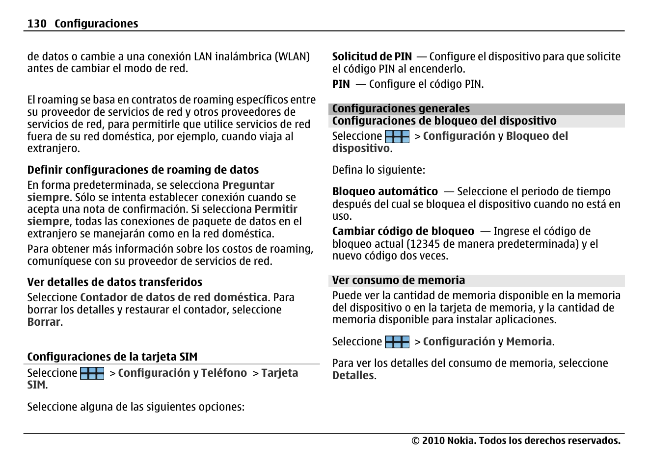 Configuraciones de la tarjeta sim, Configuraciones generales, Configuraciones de bloqueo del dispositivo | Ver consumo de memoria | Nokia N900 User Manual | Page 266 / 283