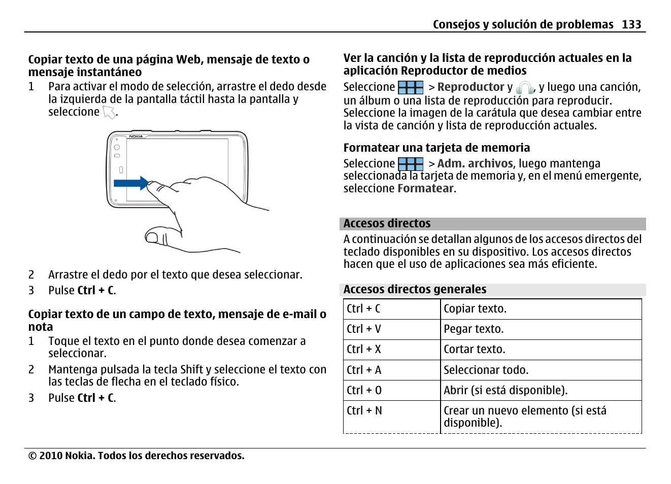 Accesos directos, Accesos directos generales | Nokia N900 User Manual | Page 269 / 283