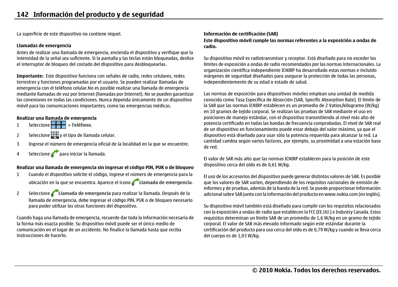 Llamadas de emergencia, Información de certificación (sar), 142 información del producto y de seguridad | Nokia N900 User Manual | Page 278 / 283