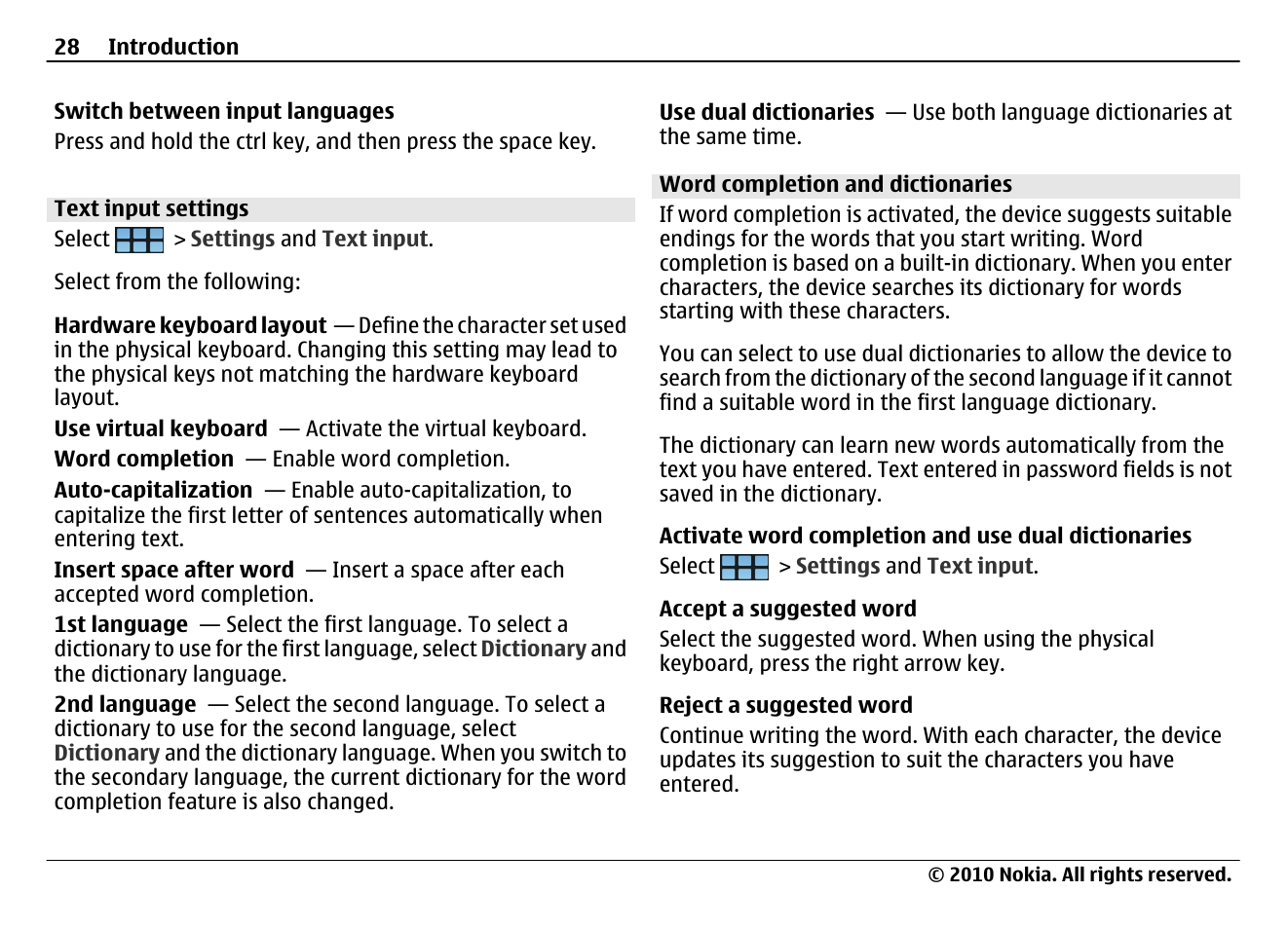 Text input settings, Word completion and dictionaries | Nokia N900 User Manual | Page 28 / 283