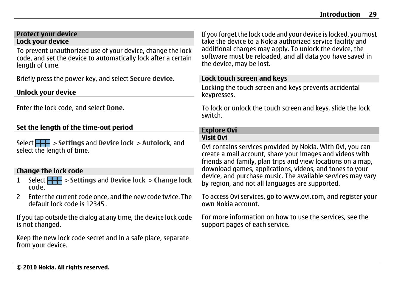 Protect your device, Lock your device, Change the lock code | Lock touch screen and keys, Explore ovi, Visit ovi | Nokia N900 User Manual | Page 29 / 283