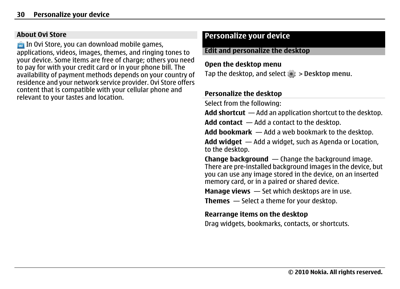 About ovi store, Personalize your device, Edit and personalize the desktop | Nokia N900 User Manual | Page 30 / 283