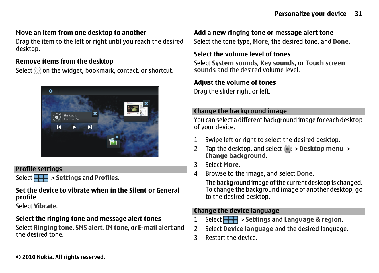 Profile settings, Change the background image, Change the device language | Nokia N900 User Manual | Page 31 / 283