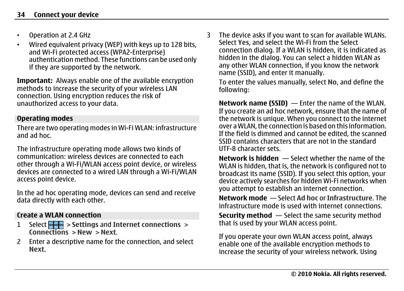 Operating modes, Create a wlan connection | Nokia N900 User Manual | Page 34 / 283