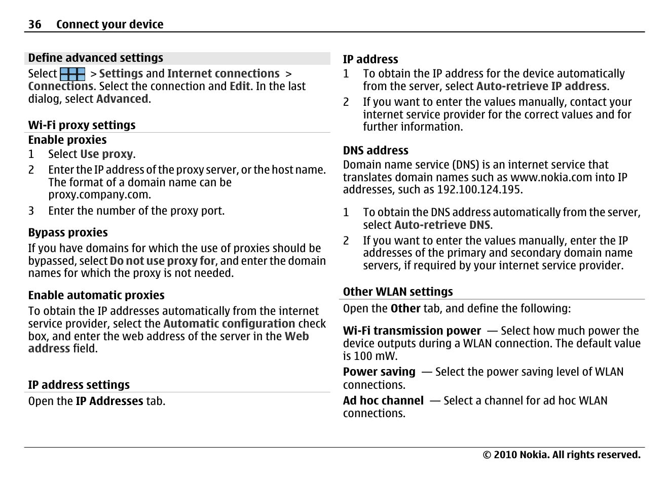 Define advanced settings, Wi-fi proxy settings, Ip address settings | Other wlan settings | Nokia N900 User Manual | Page 36 / 283