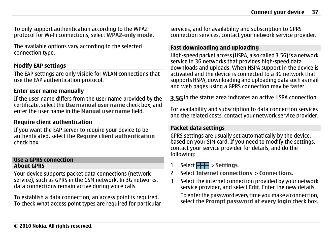 Modify eap settings, Use a gprs connection, About gprs | Fast downloading and uploading, Packet data settings | Nokia N900 User Manual | Page 37 / 283