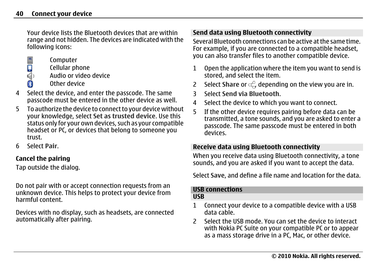 Send data using bluetooth connectivity, Receive data using bluetooth connectivity, Usb connections | Nokia N900 User Manual | Page 40 / 283