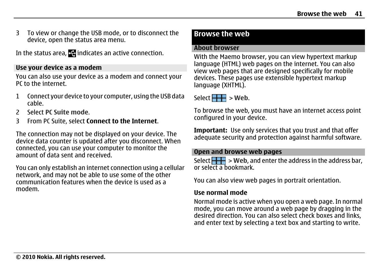 Use your device as a modem, Browse the web, About browser | Nokia N900 User Manual | Page 41 / 283