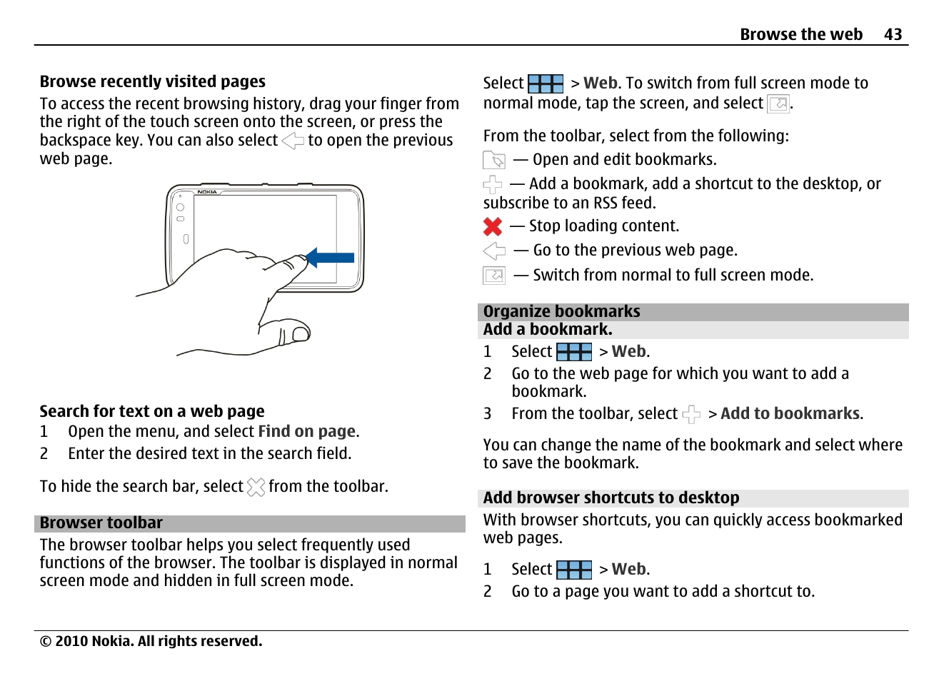 Browser toolbar, Organize bookmarks, Add a bookmark | Add browser shortcuts to desktop | Nokia N900 User Manual | Page 43 / 283