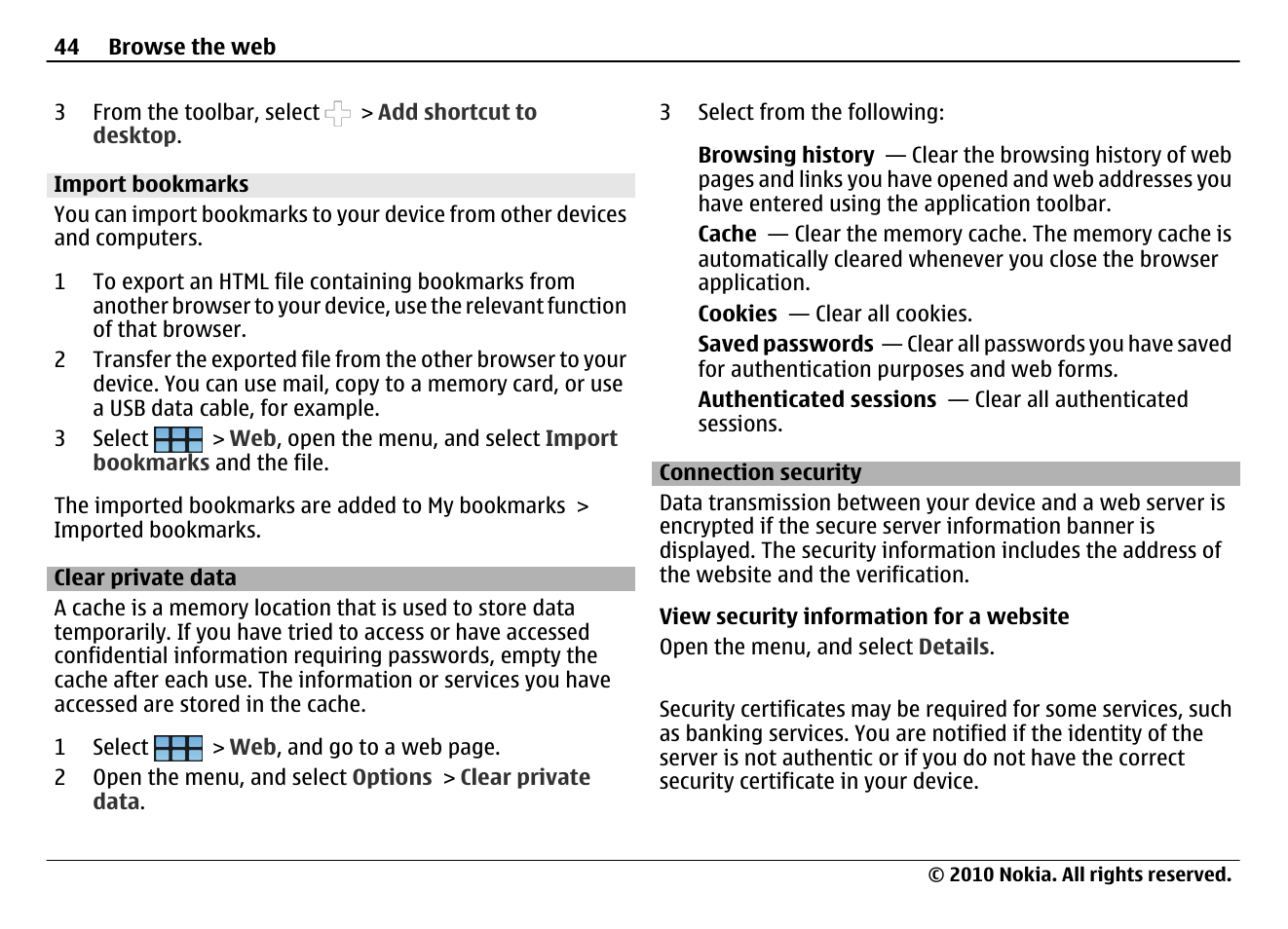 Import bookmarks, Clear private data, Connection security | Nokia N900 User Manual | Page 44 / 283