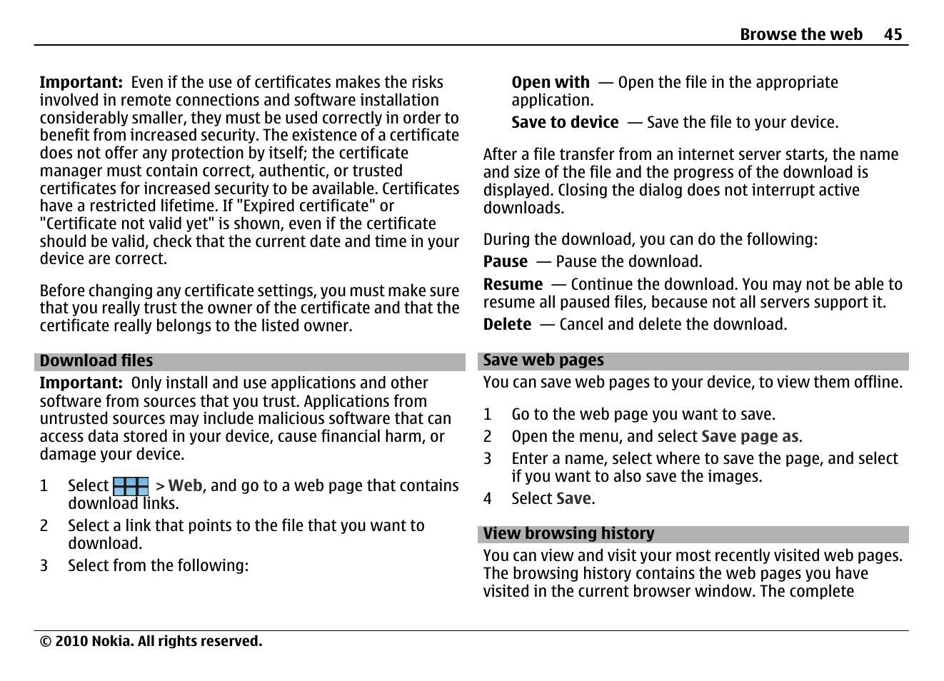 Download files, View browsing history | Nokia N900 User Manual | Page 45 / 283