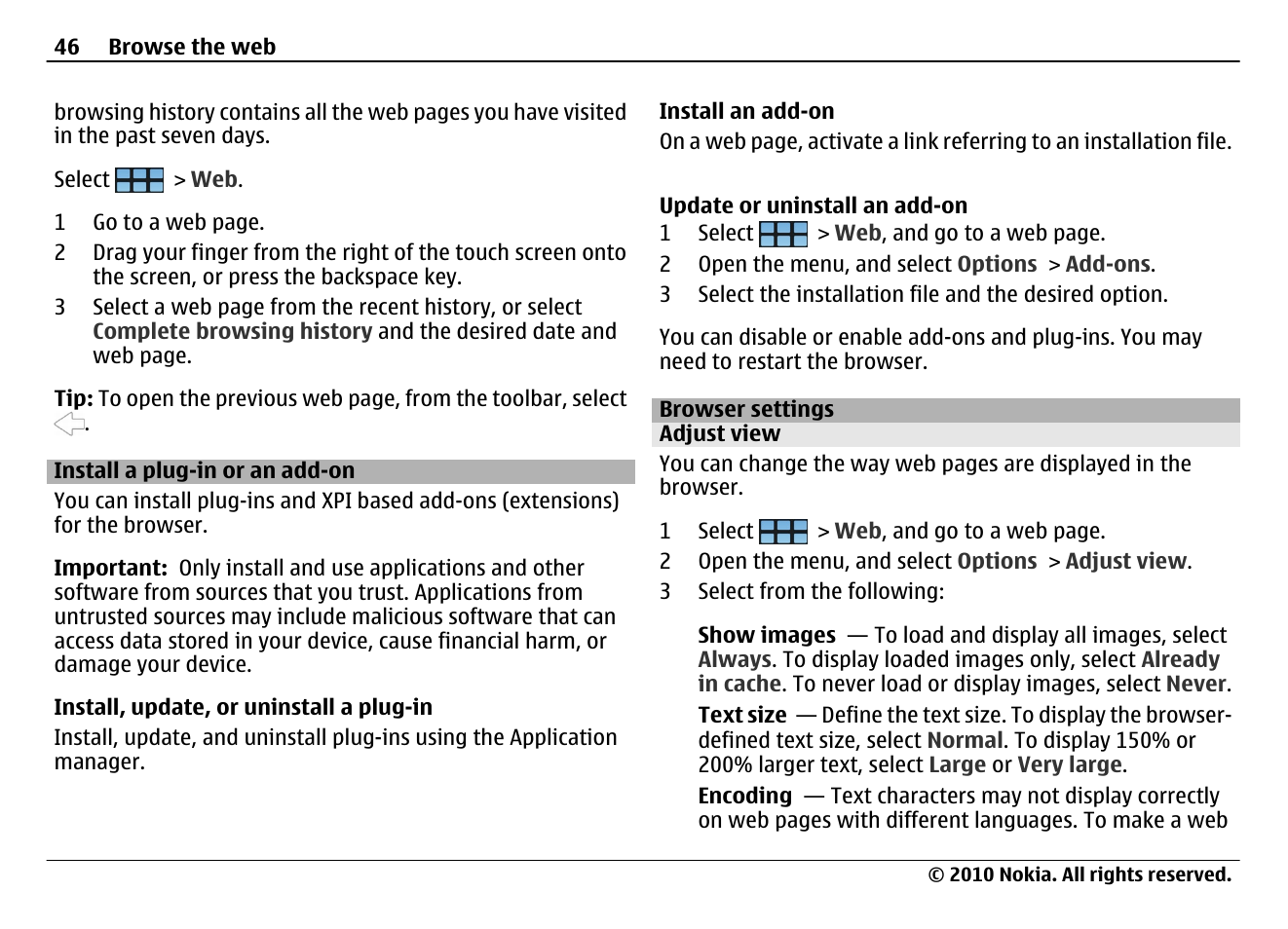 Install a plug-in or an add-on, Browser settings, Adjust view | Nokia N900 User Manual | Page 46 / 283