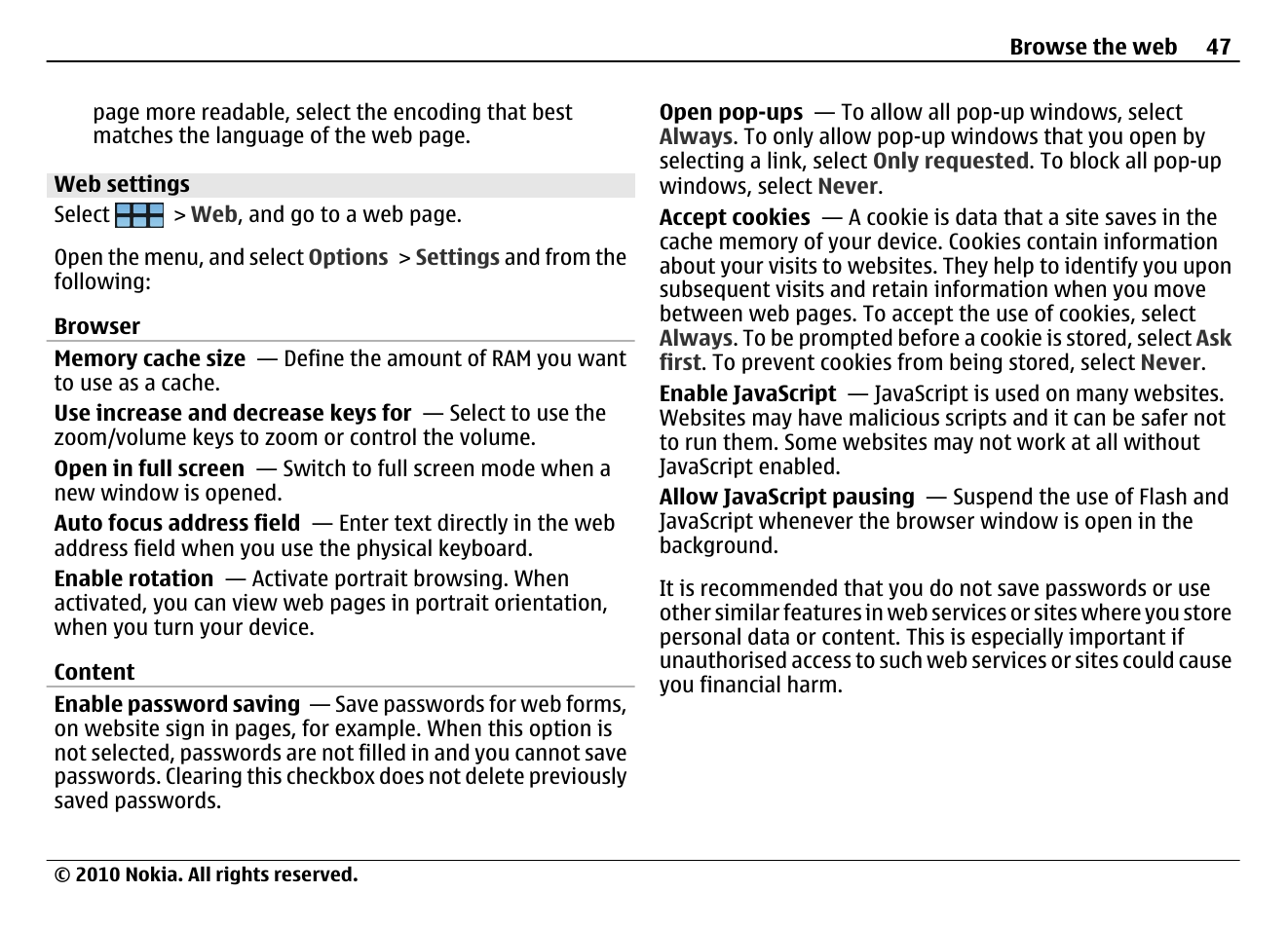 Web settings | Nokia N900 User Manual | Page 47 / 283