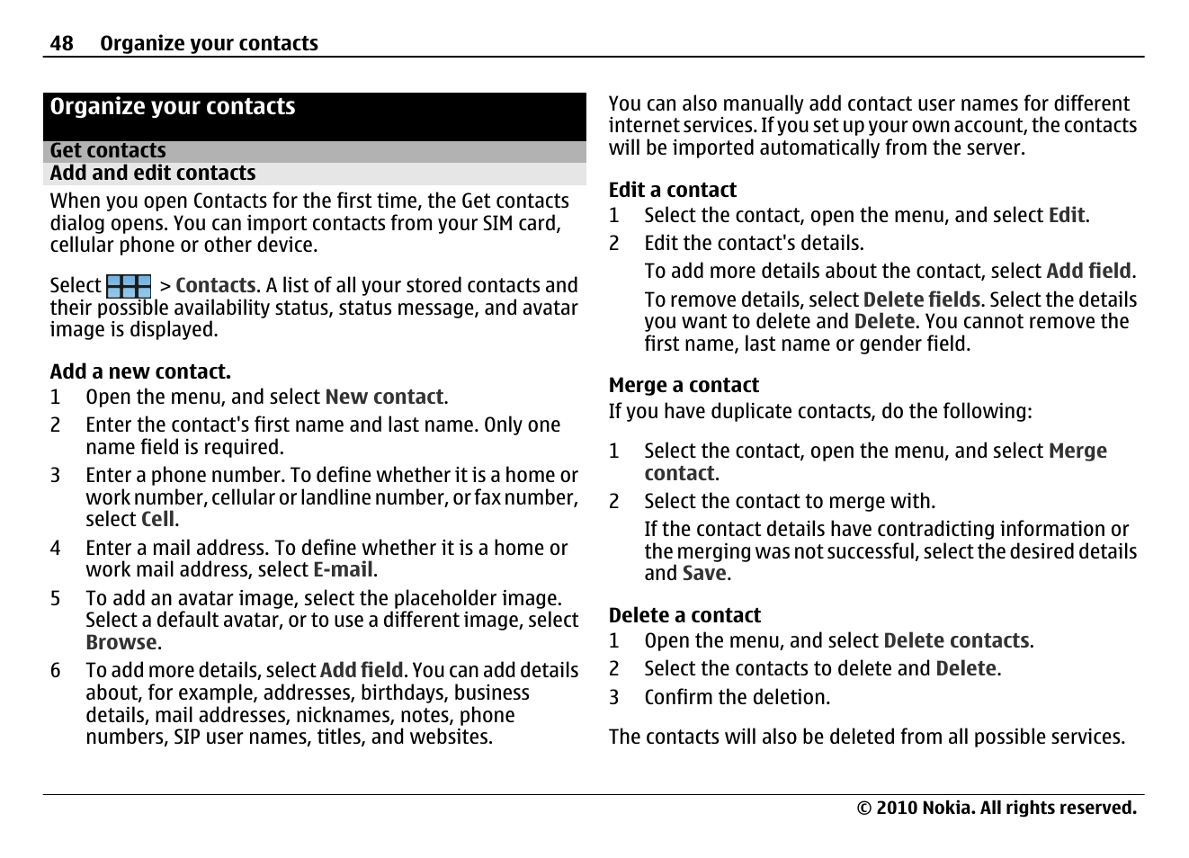 Organize your contacts, Get contacts, Add and edit contacts | Nokia N900 User Manual | Page 48 / 283