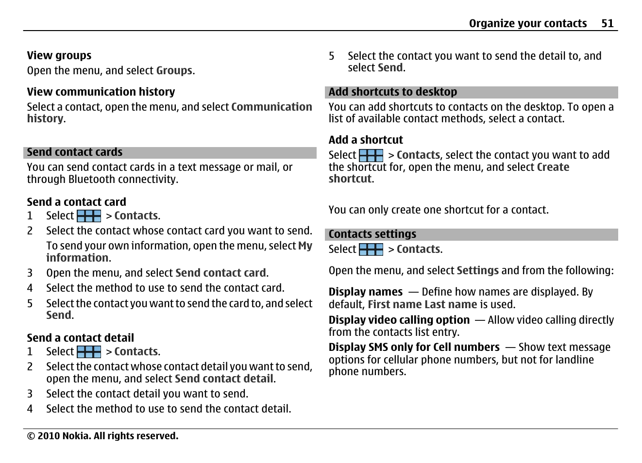 Send contact cards, Add shortcuts to desktop, Contacts settings | Nokia N900 User Manual | Page 51 / 283