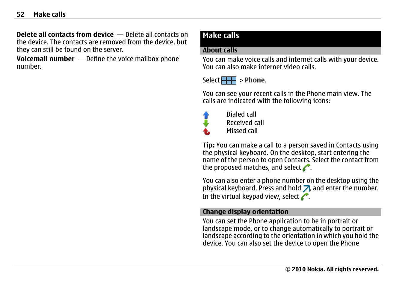 Make calls, About calls, Change display orientation | Nokia N900 User Manual | Page 52 / 283