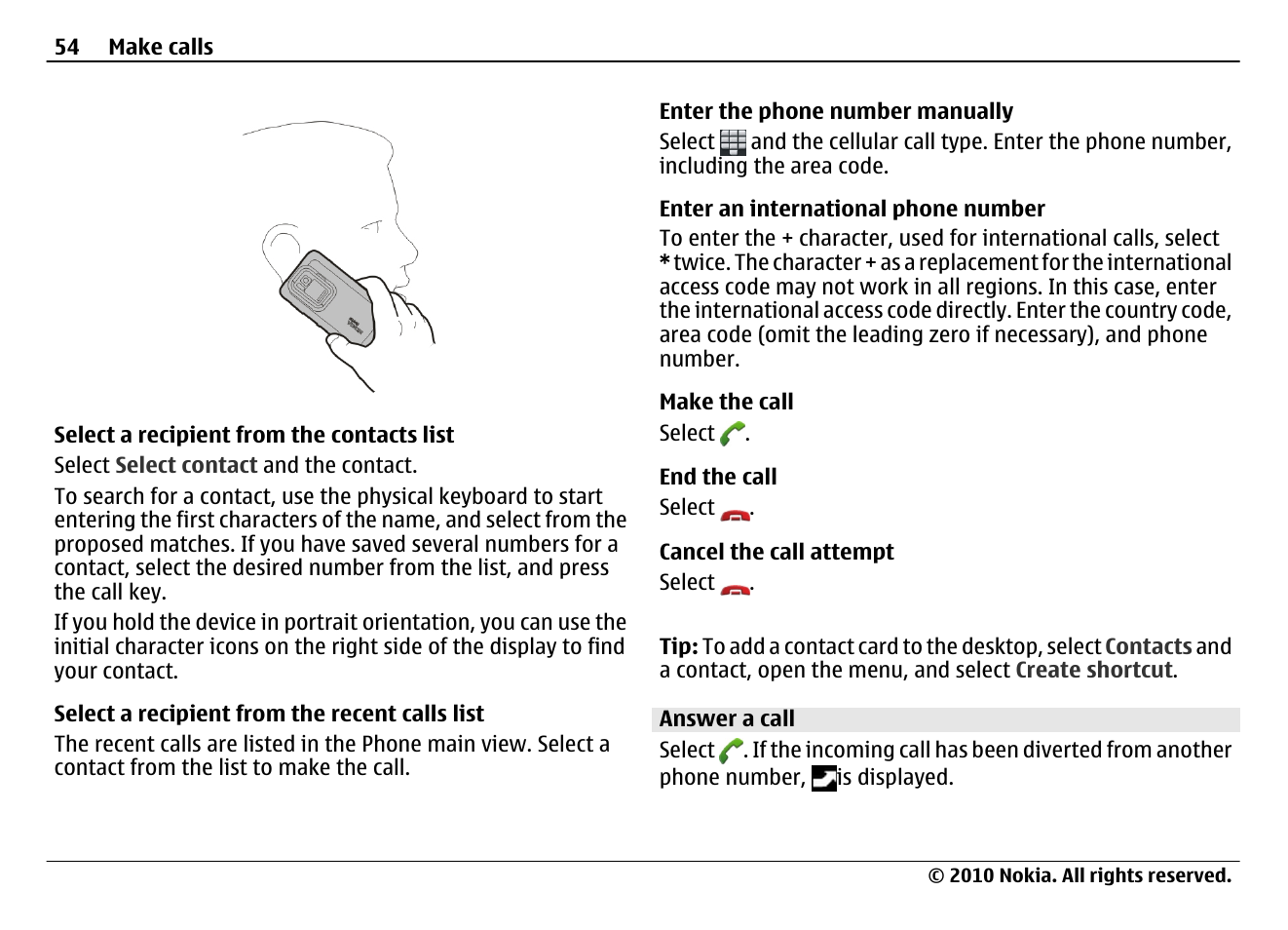 Answer a call | Nokia N900 User Manual | Page 54 / 283