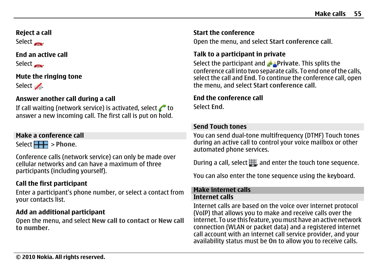 Make a conference call, Send touch tones, Make internet calls | Internet calls | Nokia N900 User Manual | Page 55 / 283