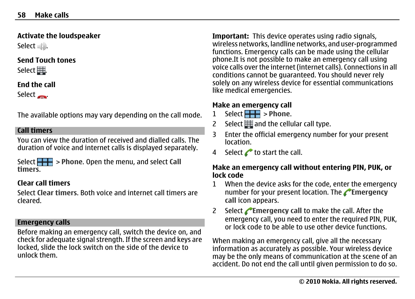 Call timers, Emergency calls | Nokia N900 User Manual | Page 58 / 283