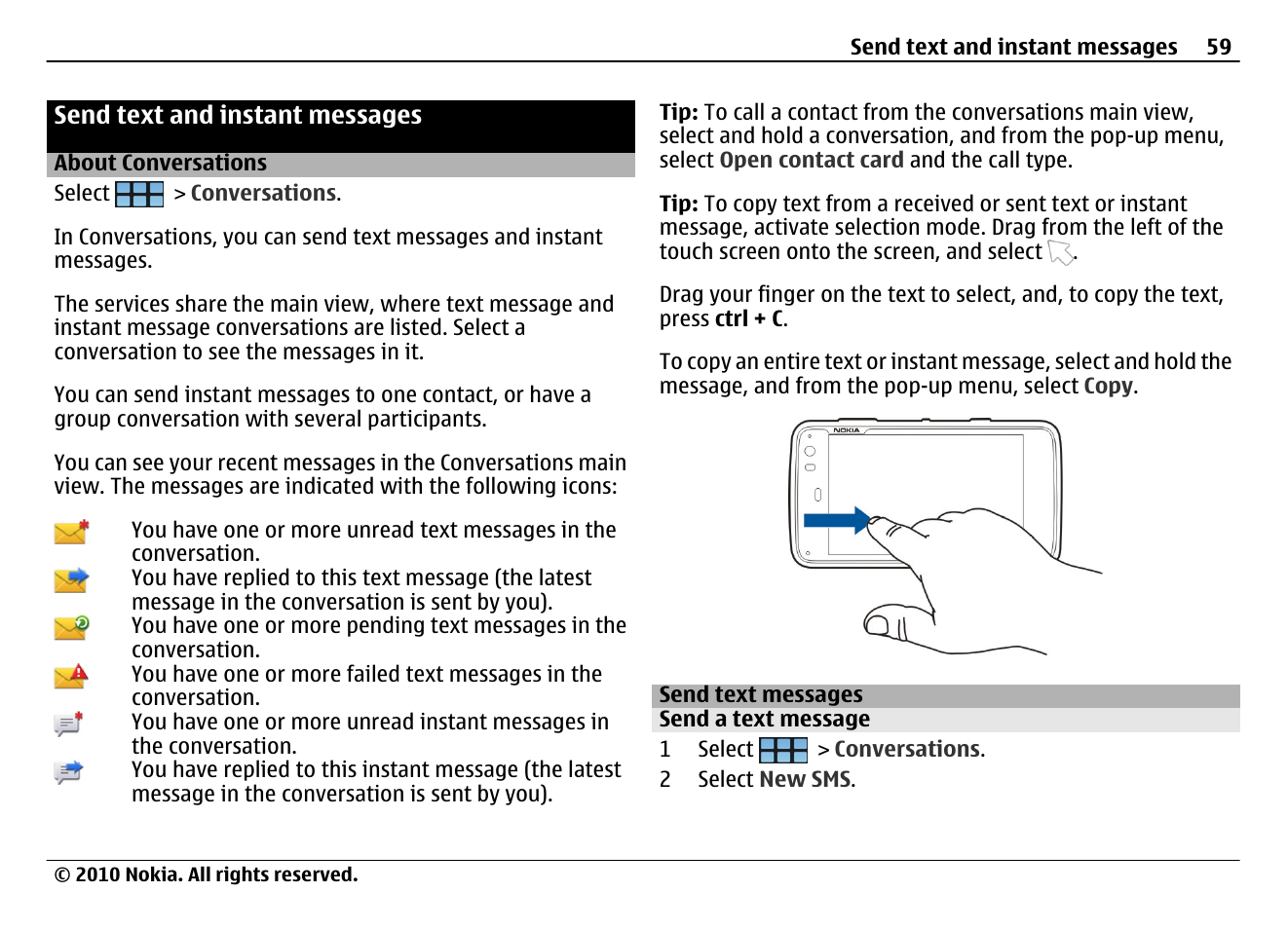 Send text and instant messages, About conversations, Send text messages | Send a text message | Nokia N900 User Manual | Page 59 / 283