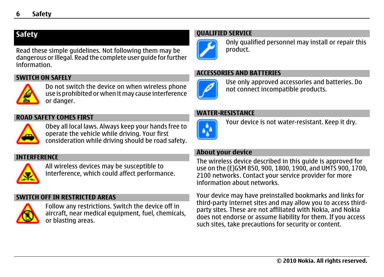 Safety, Switch on safely, Road safety comes first | Interference, Switch off in restricted areas, Qualified service, Accessories and batteries, Water-resistance, About your device | Nokia N900 User Manual | Page 6 / 283