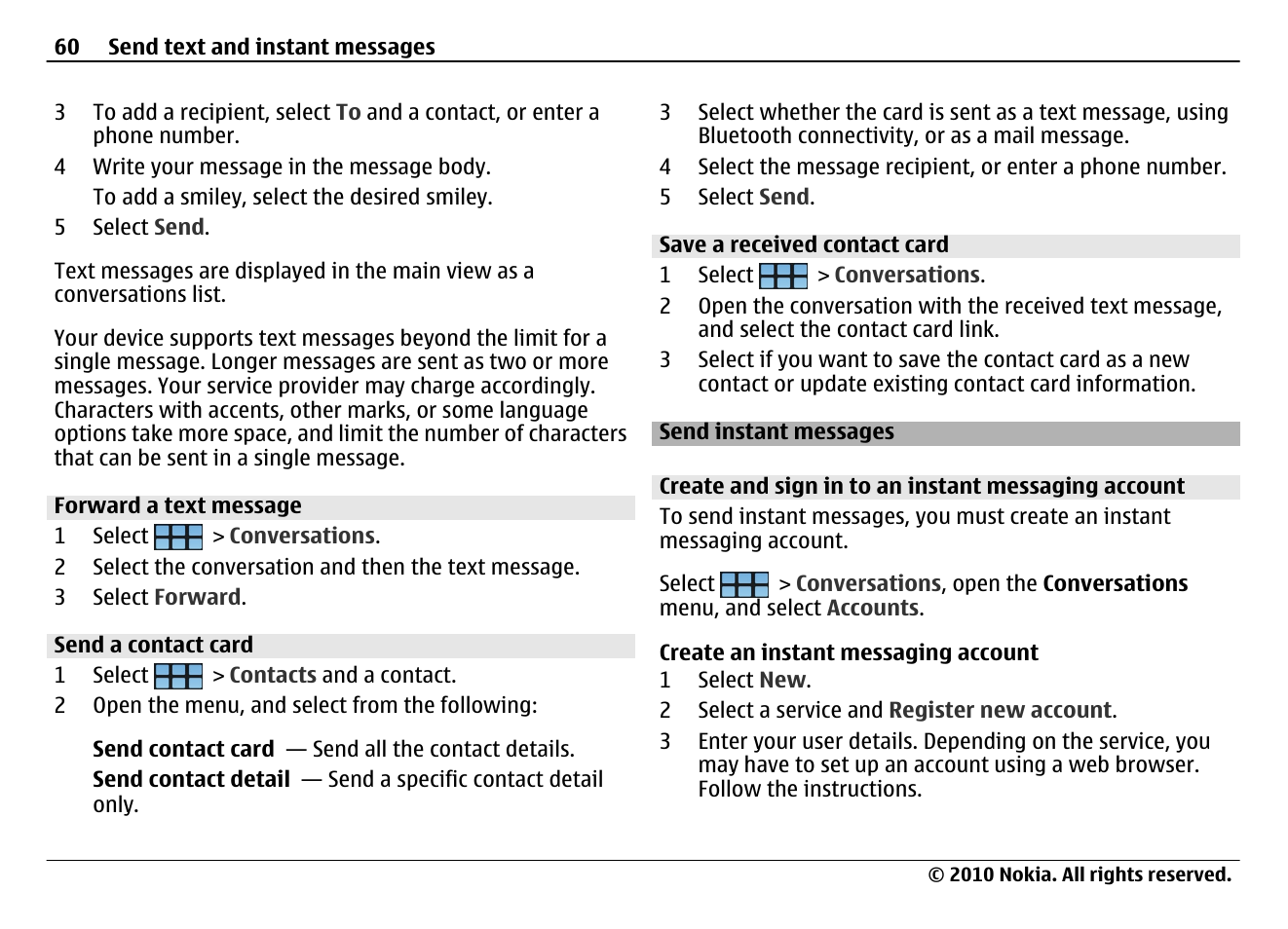 Forward a text message, Send a contact card, Save a received contact card | Send instant messages, Create and sign in to an instant messaging account | Nokia N900 User Manual | Page 60 / 283