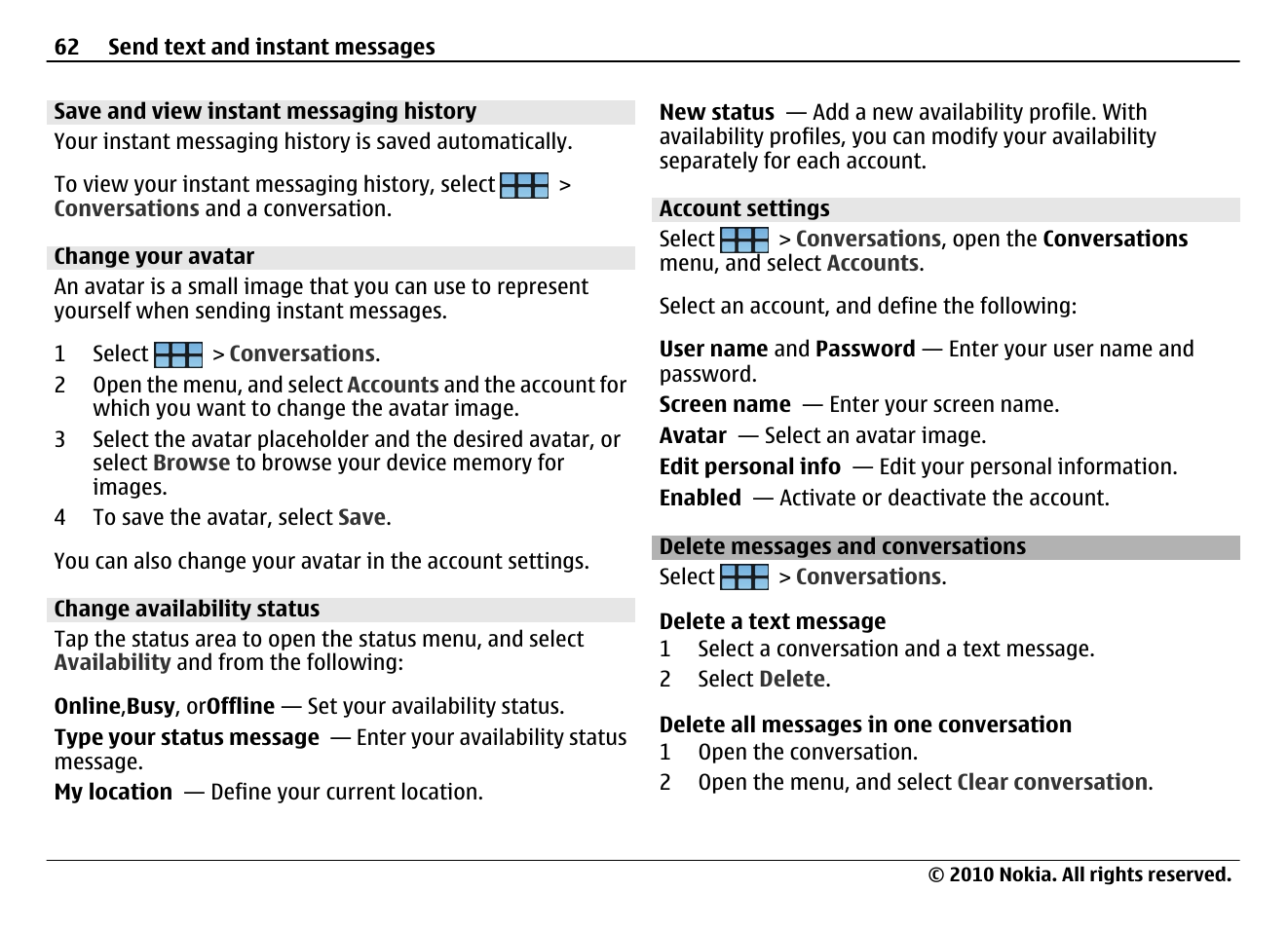 Save and view instant messaging history, Change your avatar, Change availability status | Account settings, Delete messages and conversations | Nokia N900 User Manual | Page 62 / 283