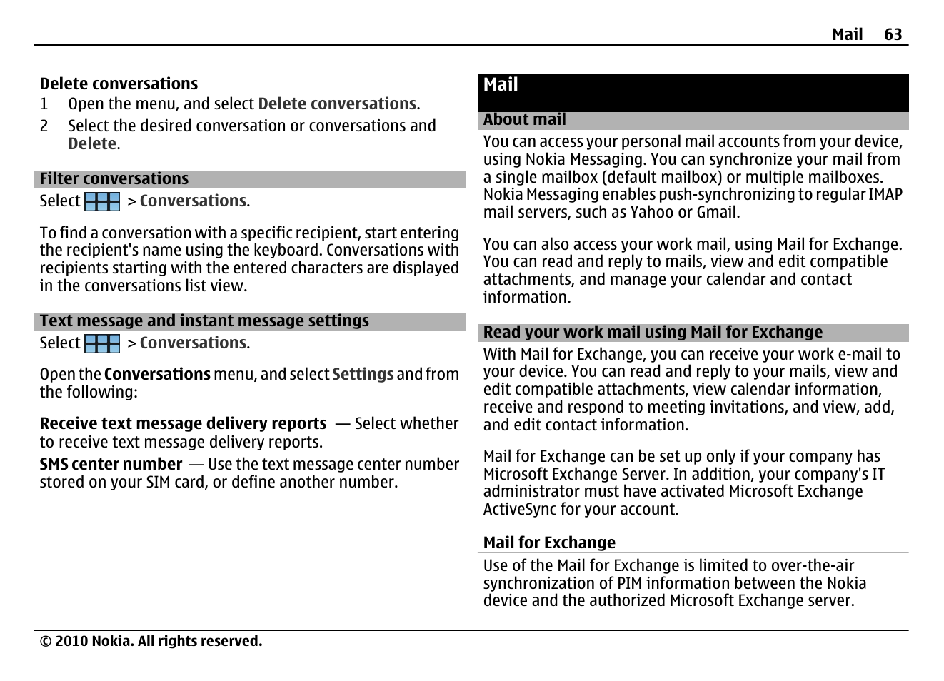 Filter conversations, Text message and instant message settings, Mail | About mail, Read your work mail using mail for exchange, Mail 63 | Nokia N900 User Manual | Page 63 / 283