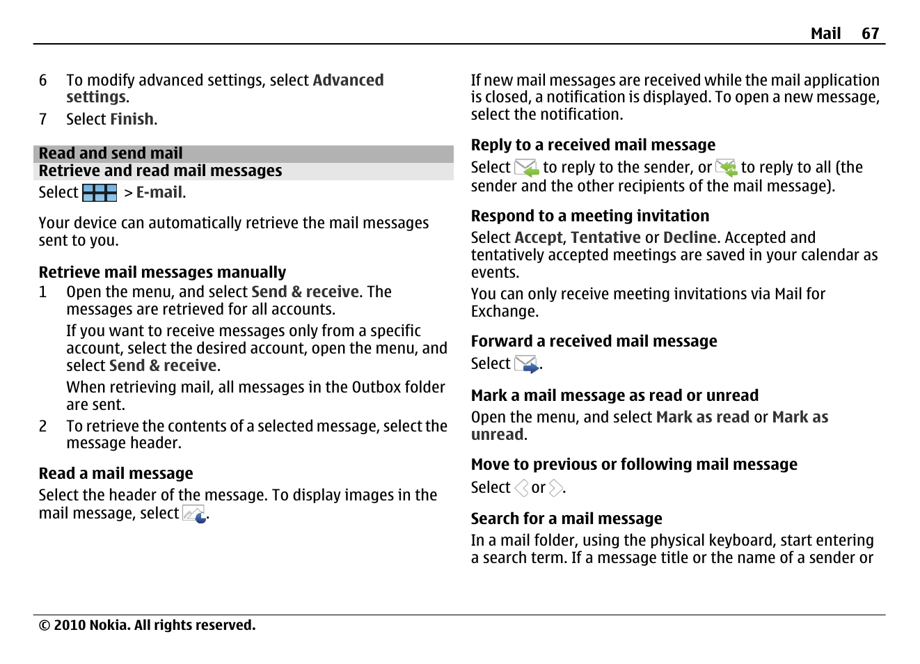 Read and send mail, Retrieve and read mail messages | Nokia N900 User Manual | Page 67 / 283