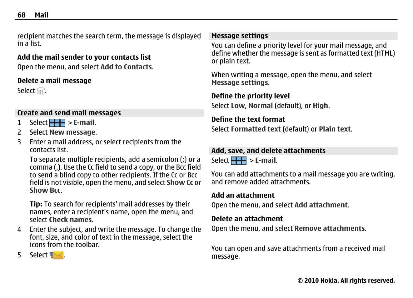 Create and send mail messages, Message settings, Add, save, and delete attachments | Nokia N900 User Manual | Page 68 / 283