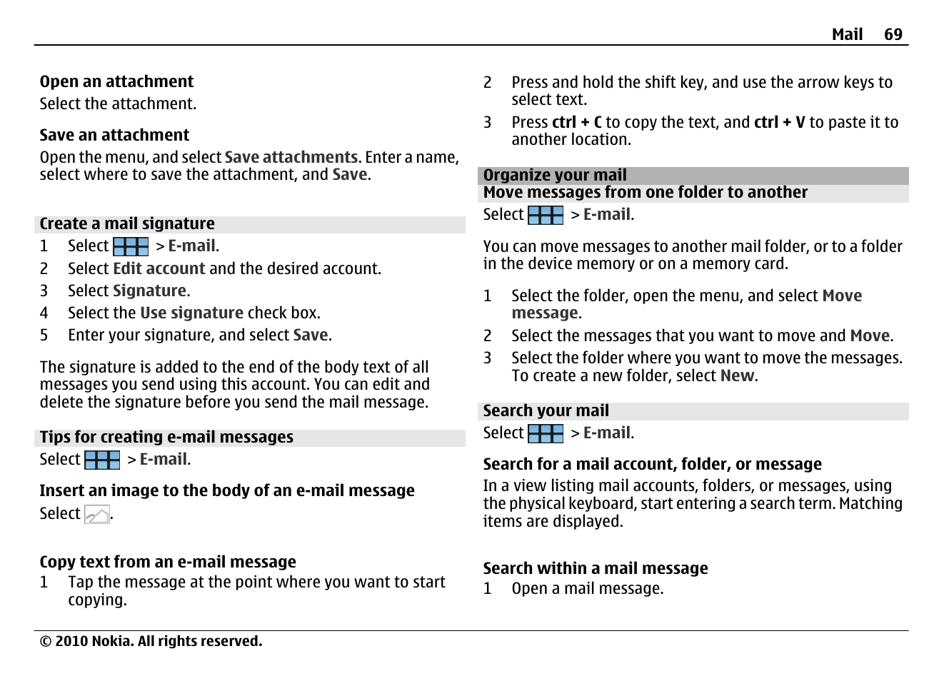 Create a mail signature, Tips for creating e-mail messages, Organize your mail | Move messages from one folder to another, Search your mail | Nokia N900 User Manual | Page 69 / 283