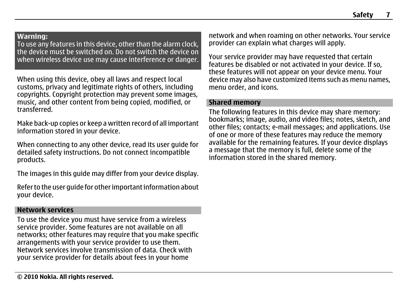 Network services, Shared memory | Nokia N900 User Manual | Page 7 / 283