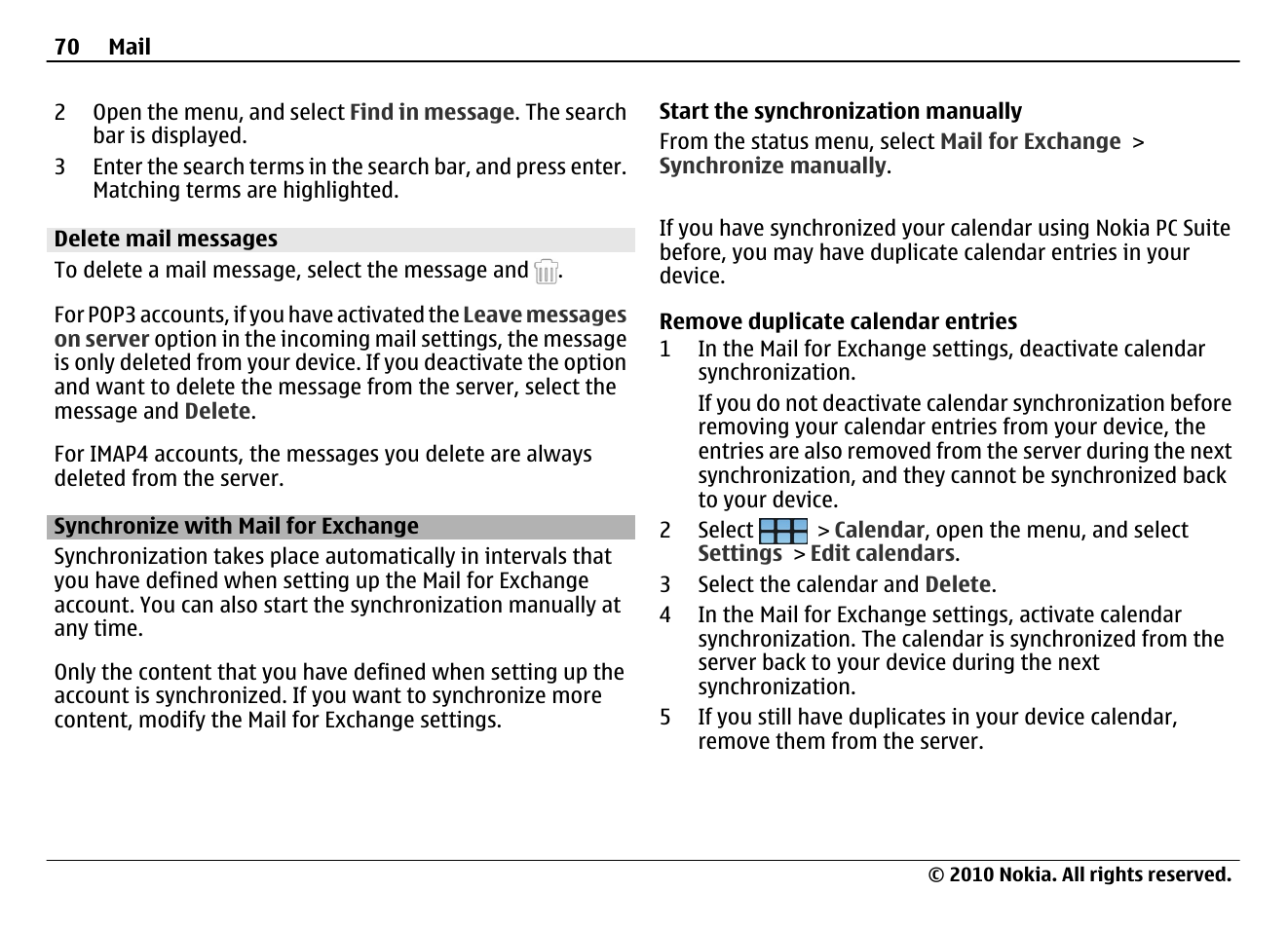 Delete mail messages, Synchronize with mail for exchange | Nokia N900 User Manual | Page 70 / 283