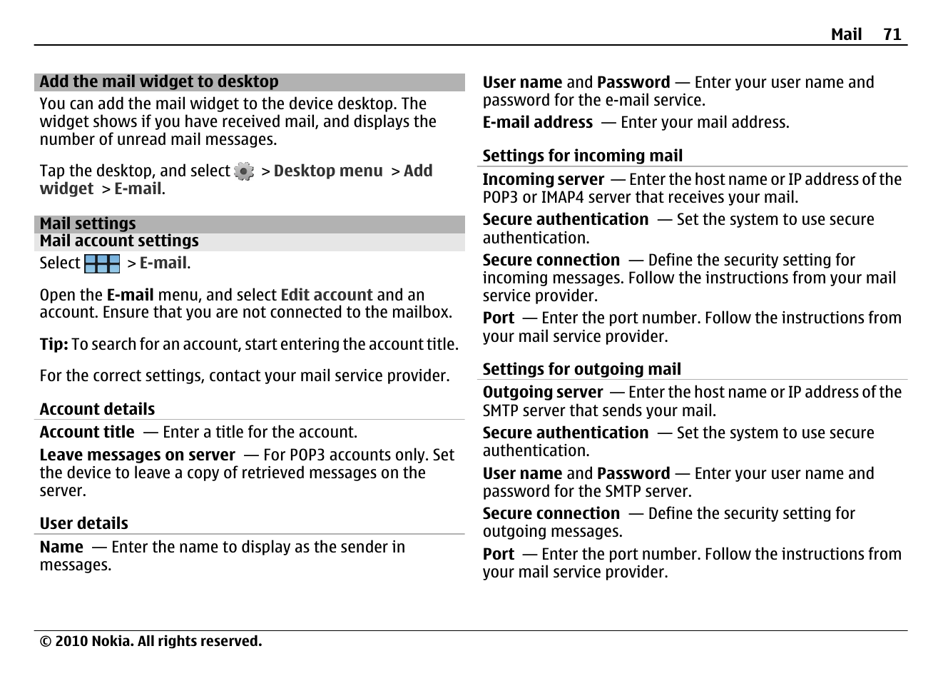 Add the mail widget to desktop, Mail settings, Mail account settings | Nokia N900 User Manual | Page 71 / 283