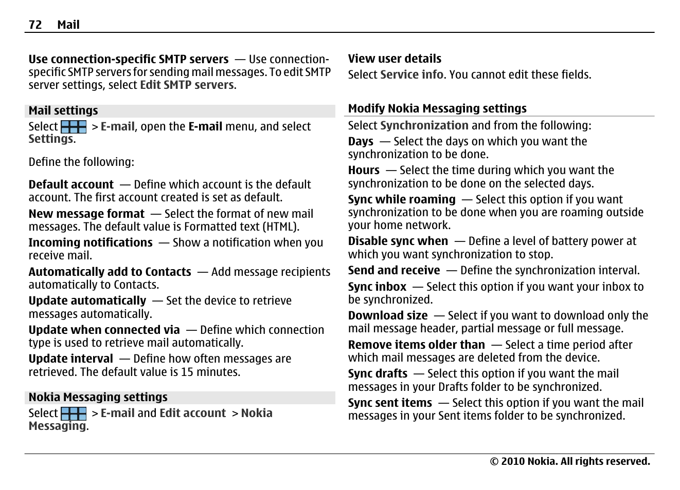 Mail settings, Nokia messaging settings | Nokia N900 User Manual | Page 72 / 283