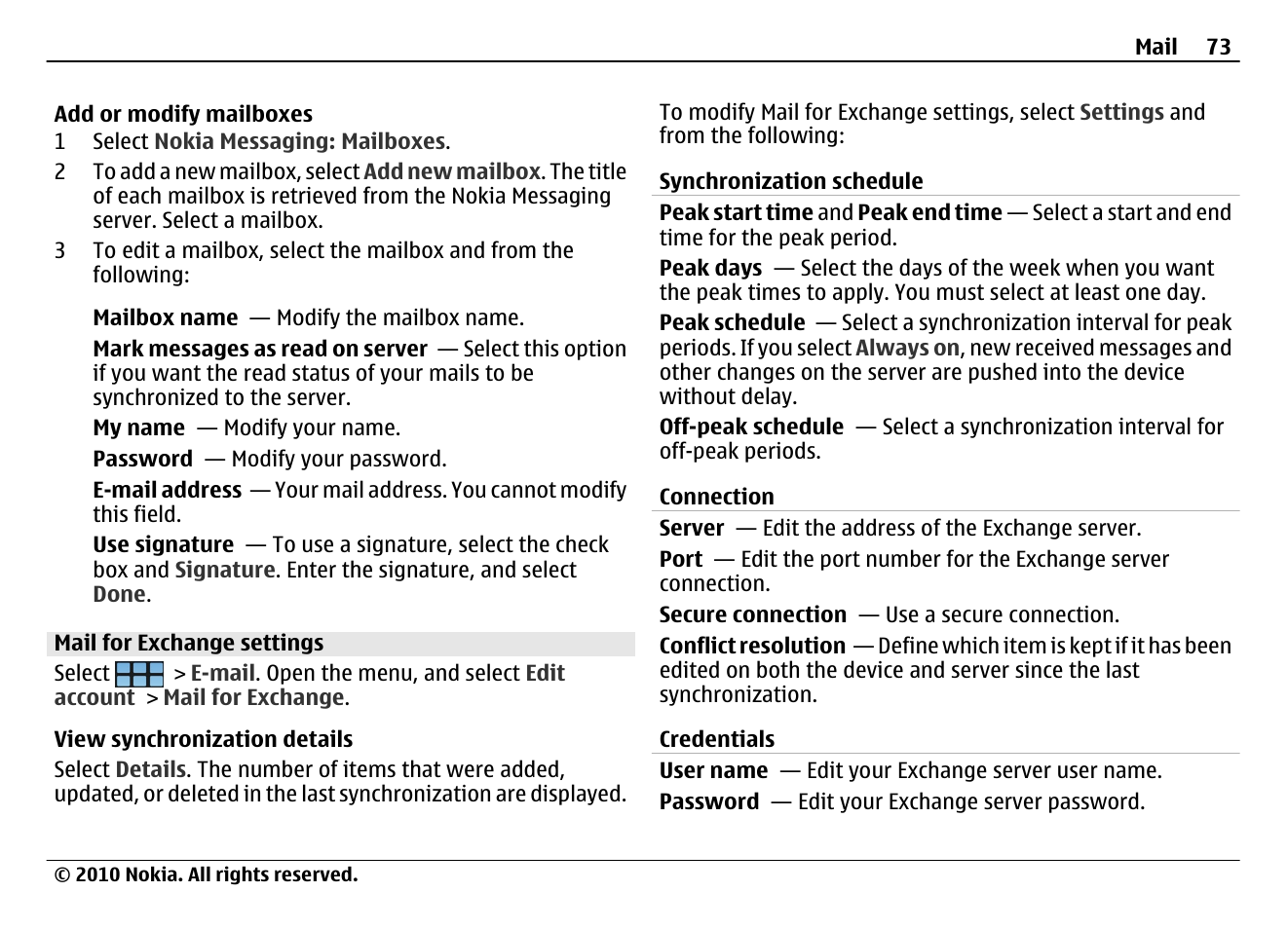 Mail for exchange settings | Nokia N900 User Manual | Page 73 / 283