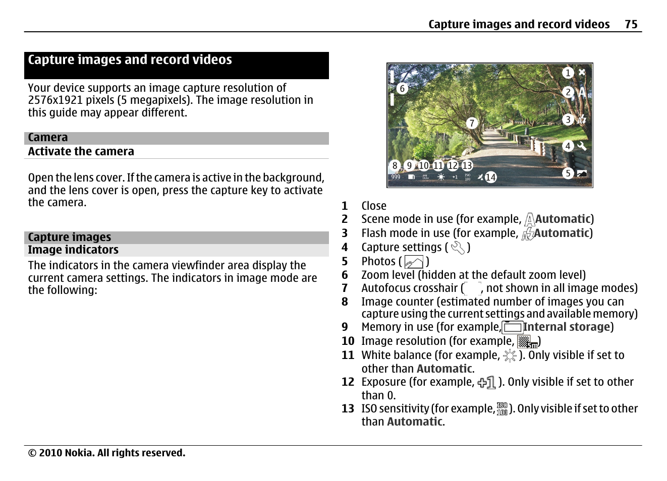 Capture images and record videos, Camera, Capture images | Image indicators | Nokia N900 User Manual | Page 75 / 283