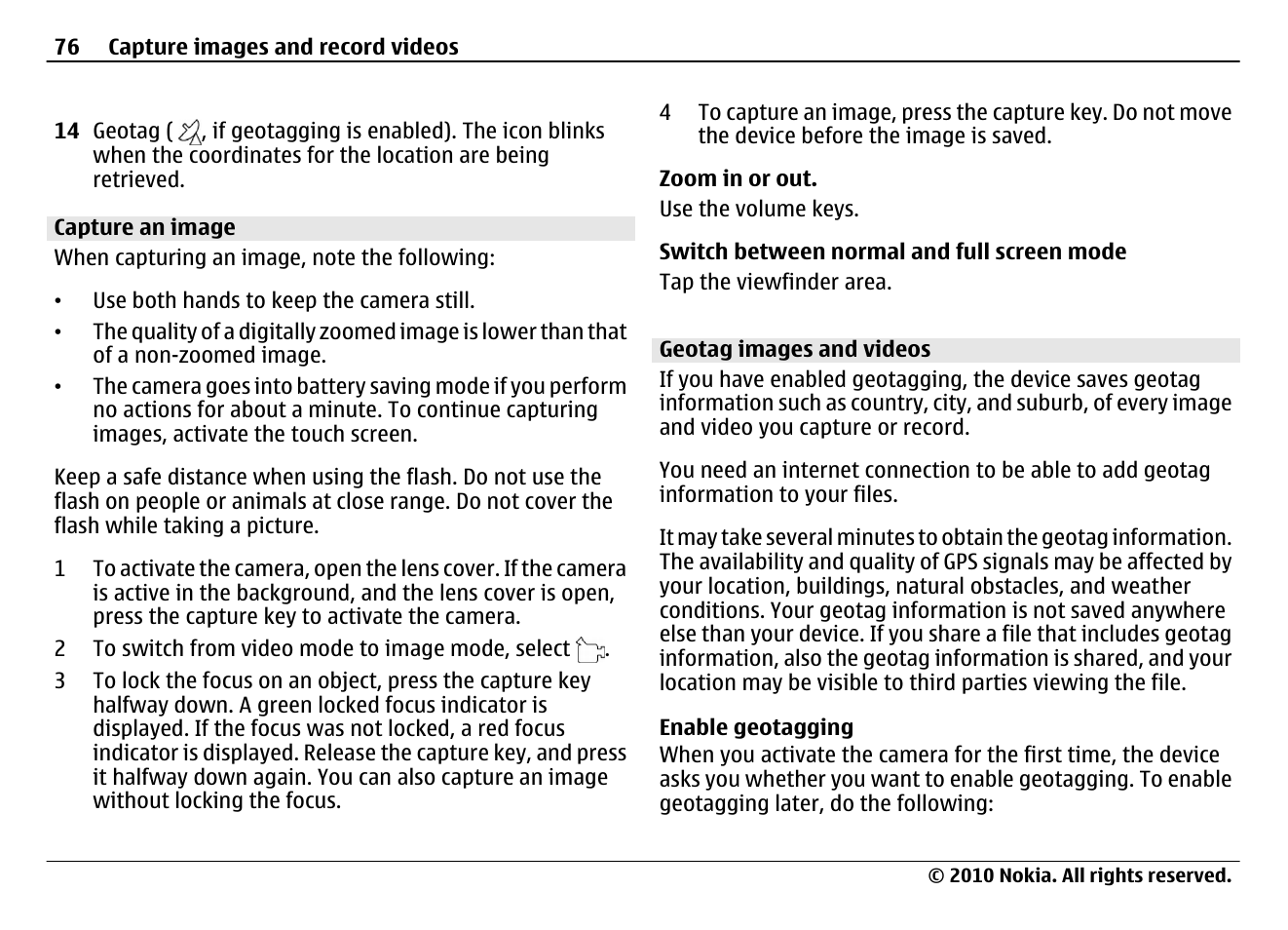 Capture an image, Geotag images and videos | Nokia N900 User Manual | Page 76 / 283