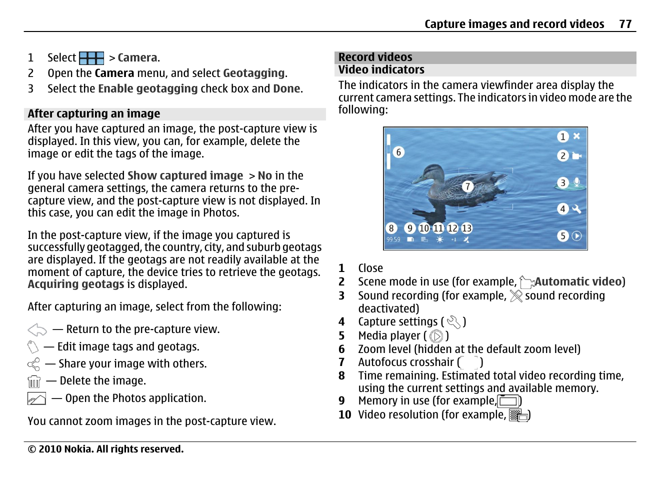 After capturing an image, Record videos, Video indicators | Nokia N900 User Manual | Page 77 / 283