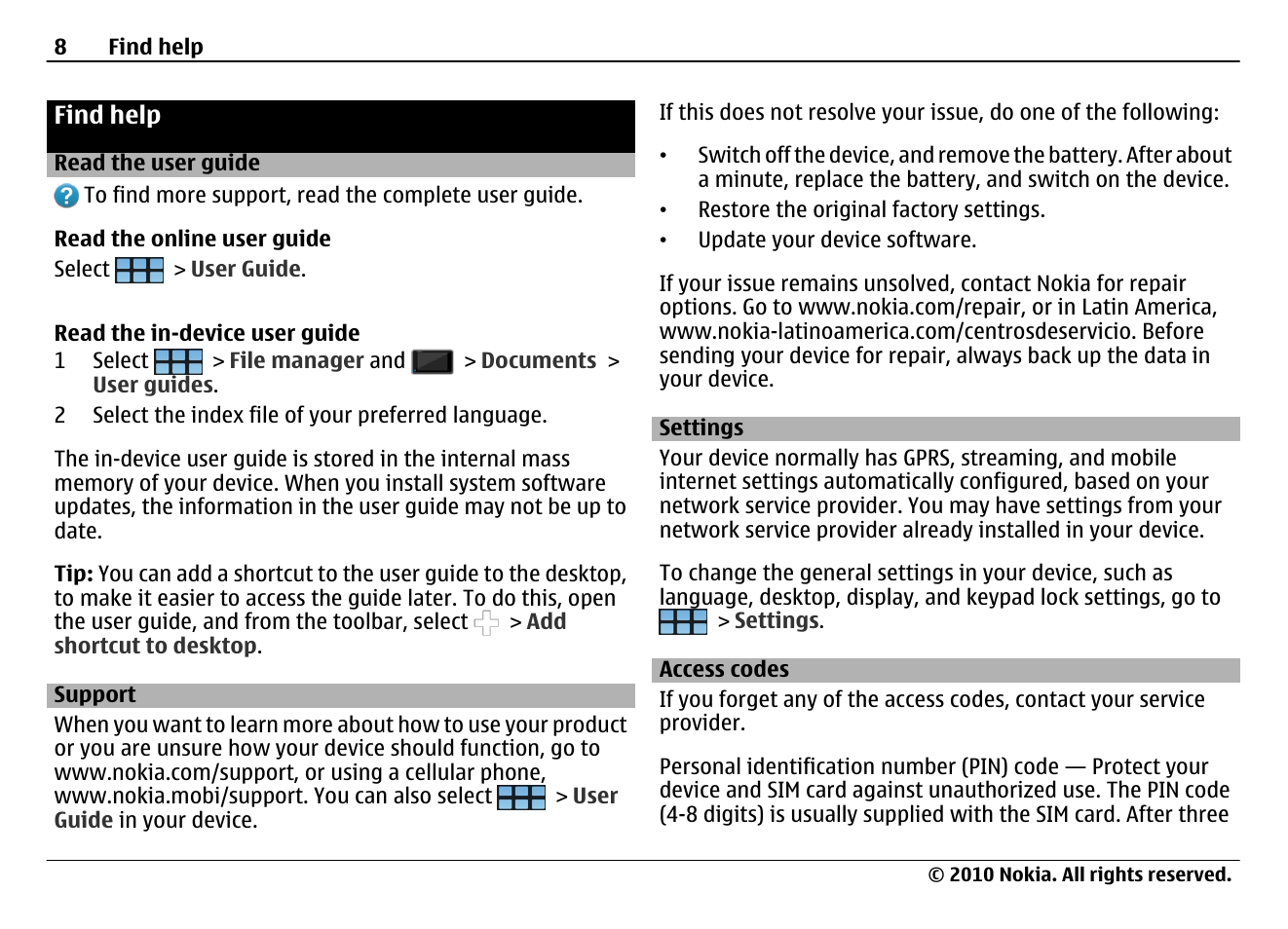 Find help, Read the user guide, Support | Settings, Access codes | Nokia N900 User Manual | Page 8 / 283