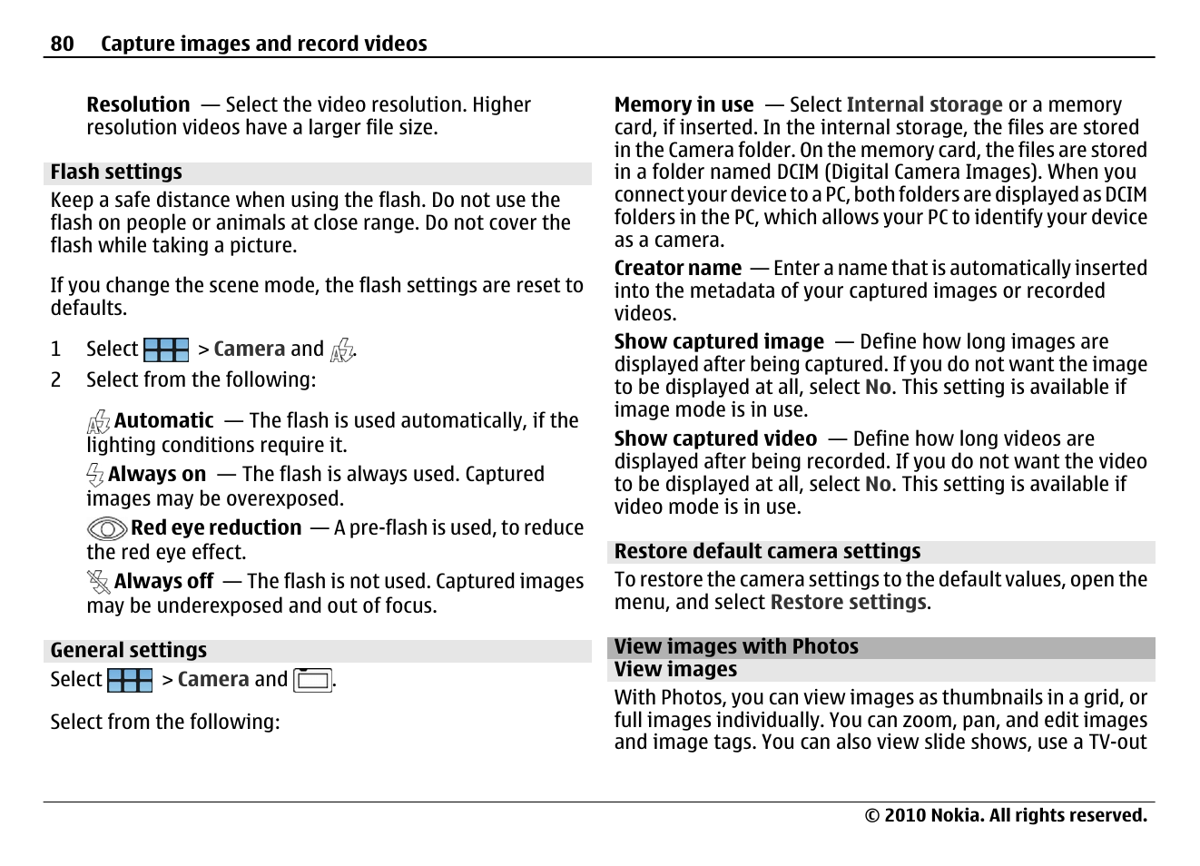 Flash settings, General settings, Restore default camera settings | View images with photos, View images | Nokia N900 User Manual | Page 80 / 283