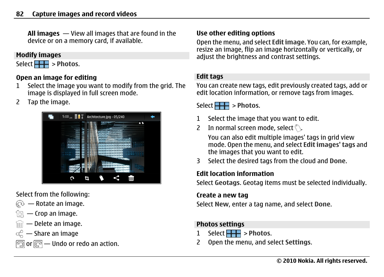 Modify images, Edit tags, Photos settings | Nokia N900 User Manual | Page 82 / 283