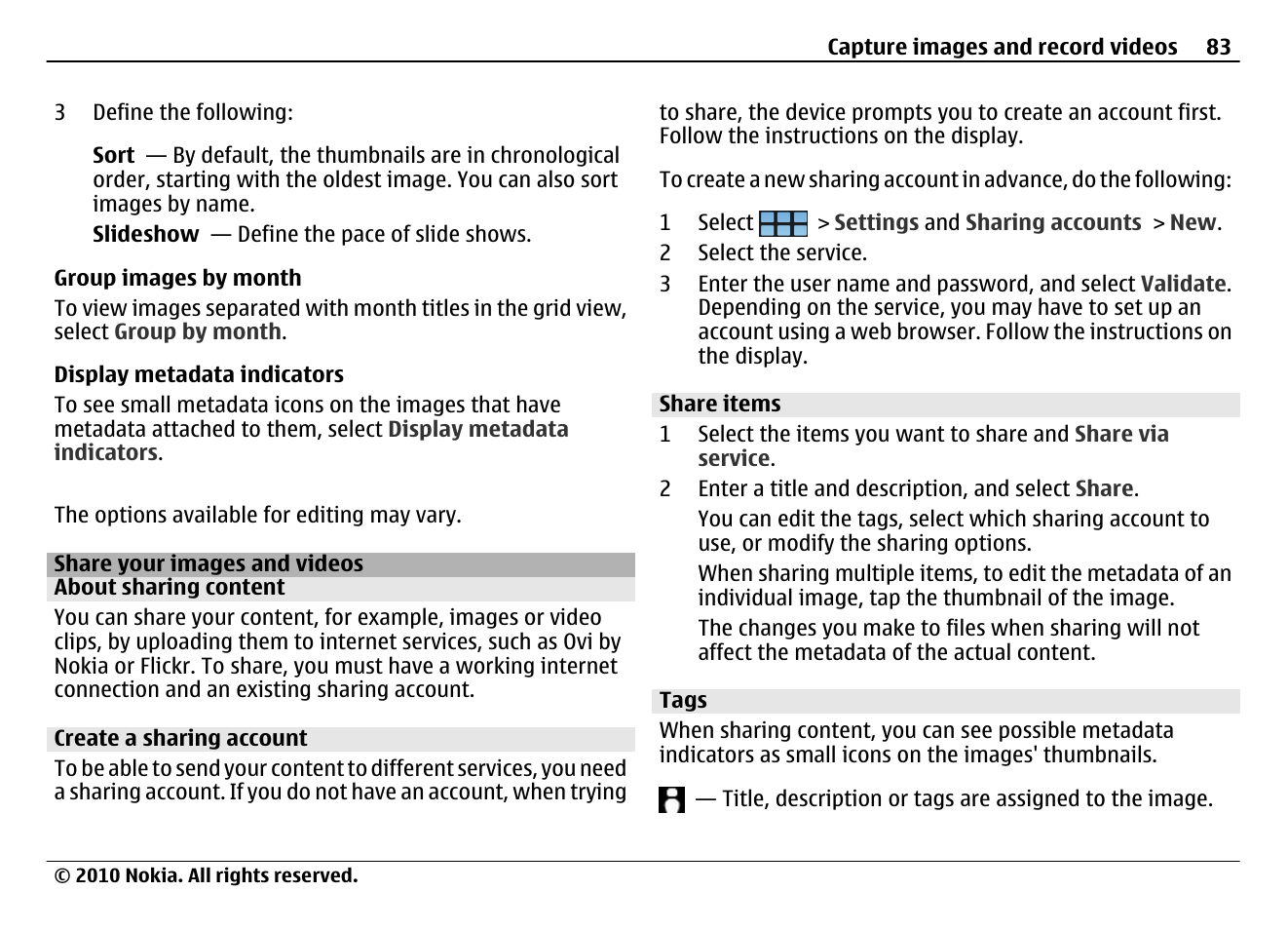 Share your images and videos, About sharing content, Create a sharing account | Share items, Tags | Nokia N900 User Manual | Page 83 / 283