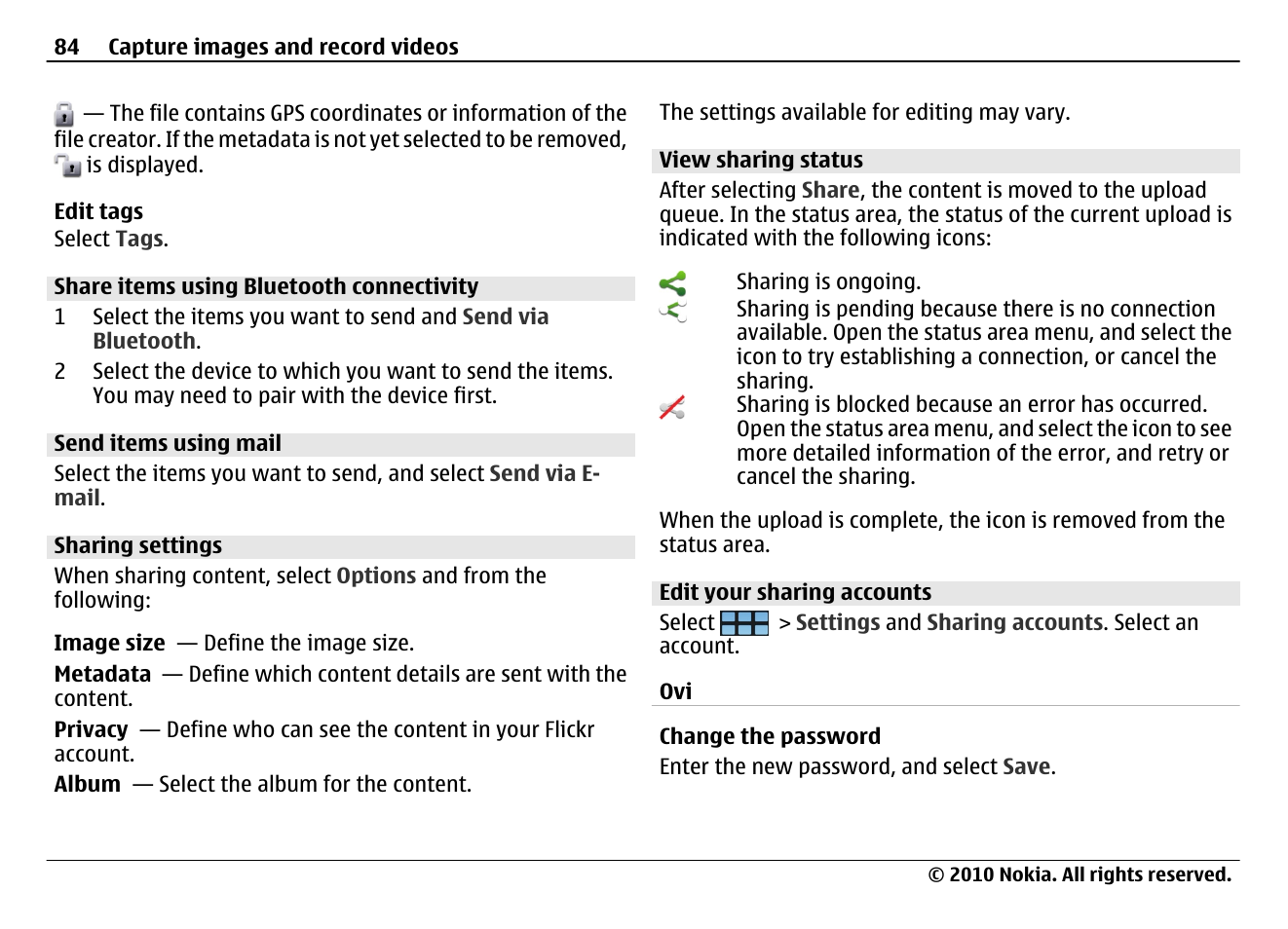 Share items using bluetooth connectivity, Send items using mail, Sharing settings | View sharing status, Edit your sharing accounts | Nokia N900 User Manual | Page 84 / 283