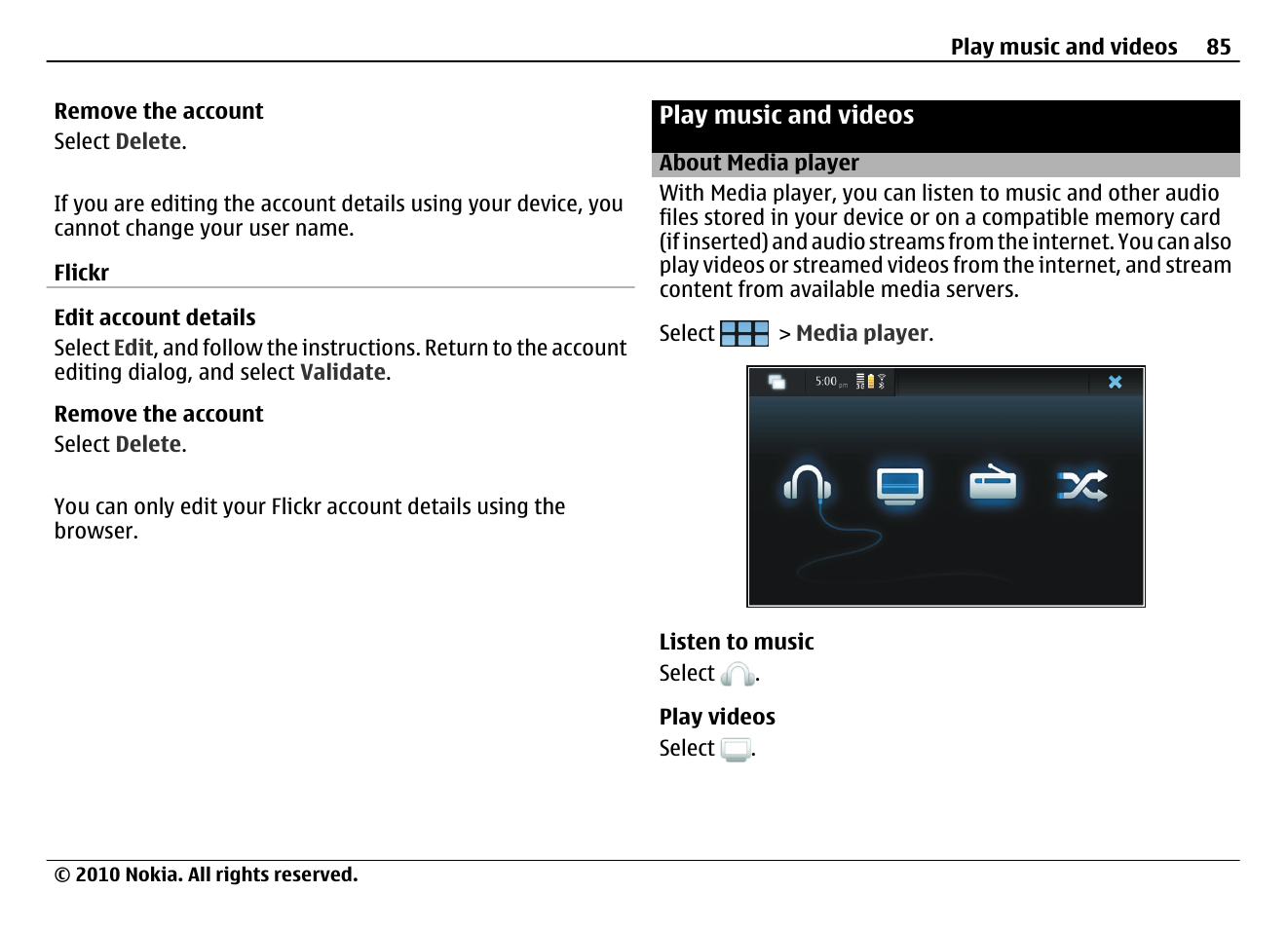 Play music and videos, About media player | Nokia N900 User Manual | Page 85 / 283