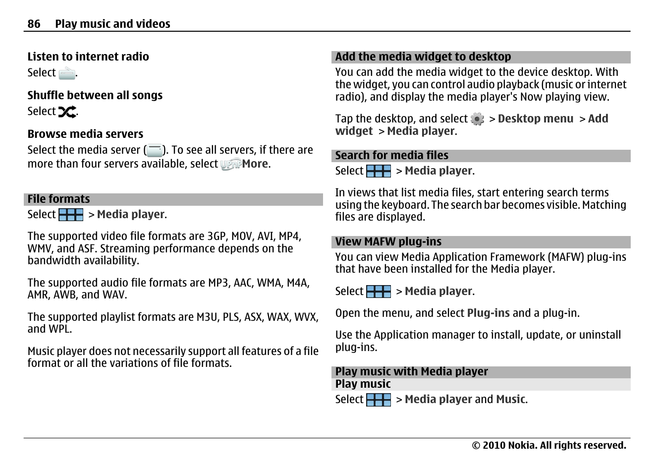 File formats, Add the media widget to desktop, Search for media files | View mafw plug-ins, Play music with media player, Play music | Nokia N900 User Manual | Page 86 / 283