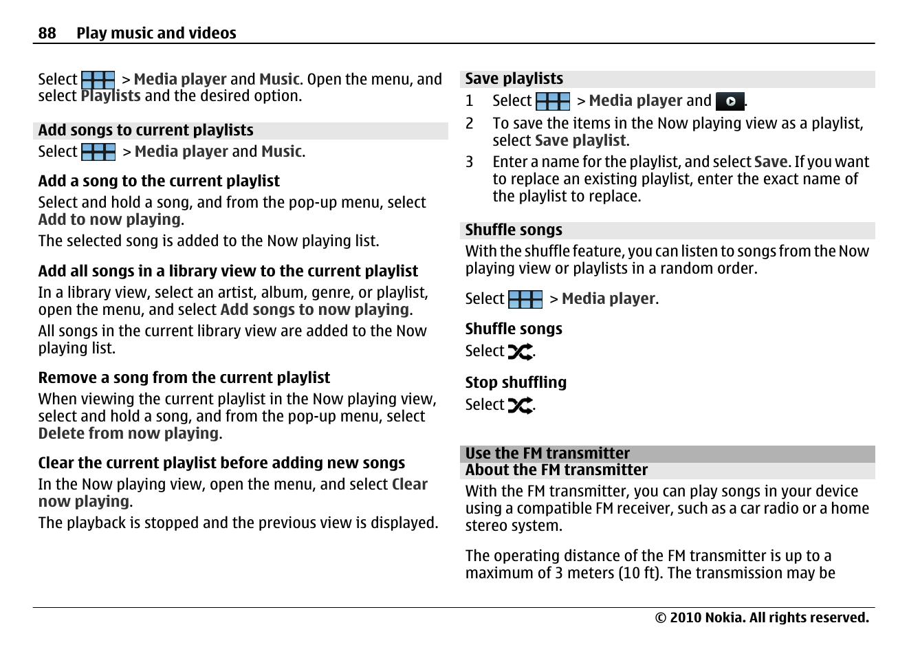 Add songs to current playlists, Save playlists, Shuffle songs | Use the fm transmitter, About the fm transmitter | Nokia N900 User Manual | Page 88 / 283